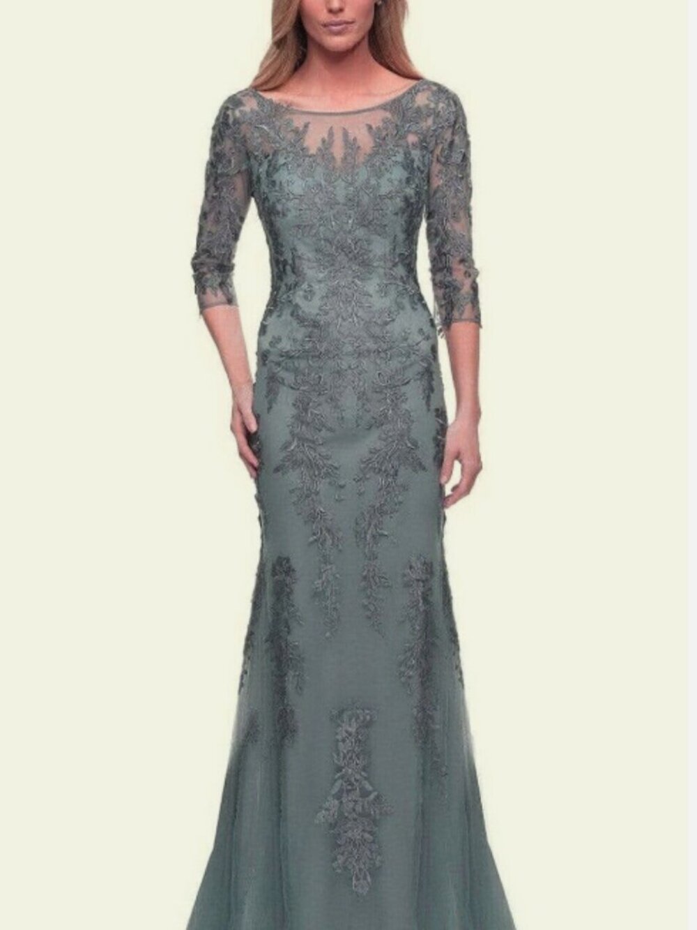 Le Femme Mother of Groom/Bride  Gorgeous Lace Sheath Gown in color Slate
